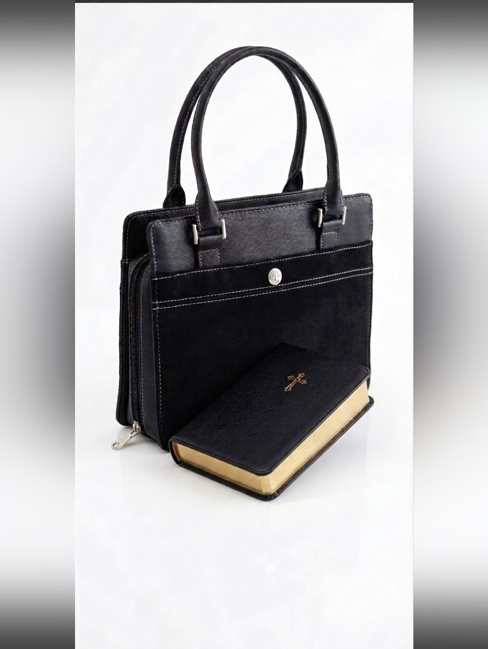 Elegant Faux Seude & Leather Black Women's Top-Handle Bible Satchel/Tote